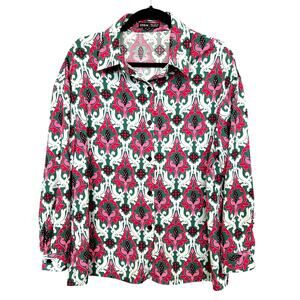 Women's Ikat Teal + Pink Button Down Satin Blouse Size Medium